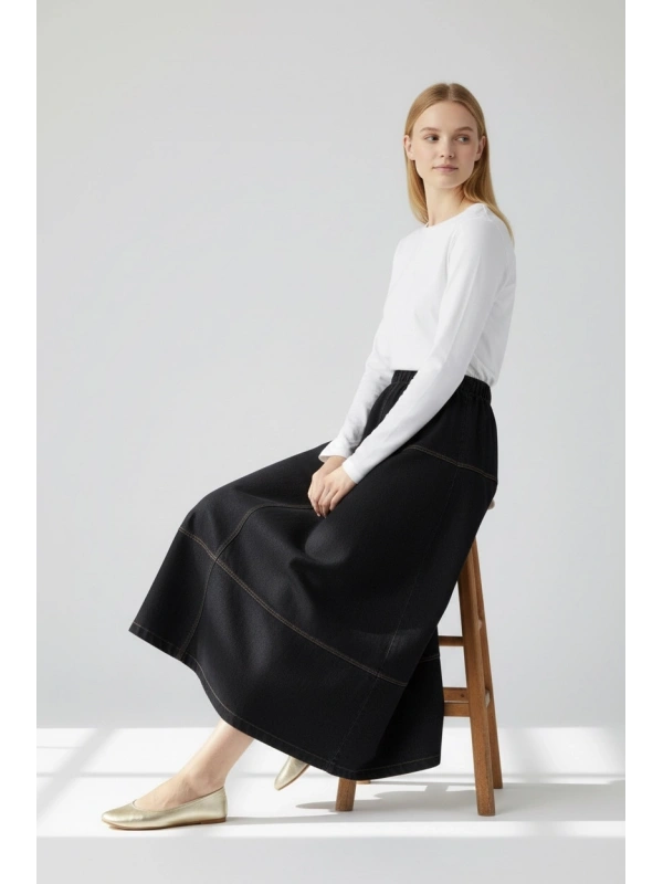 İNVEE Beli Lastikli Kadın Denim Etek - Siyah