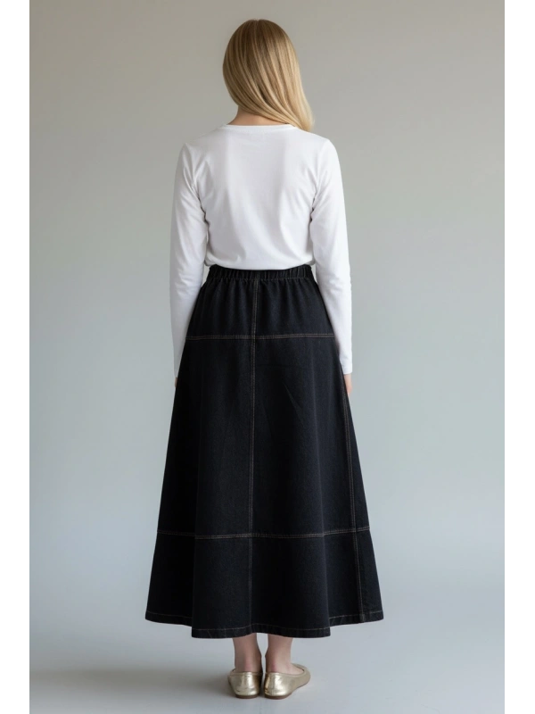 İNVEE Beli Lastikli Kadın Denim Etek - Siyah