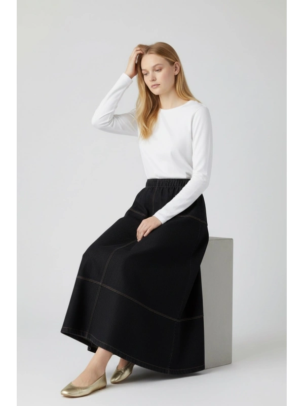 İNVEE Beli Lastikli Kadın Denim Etek - Siyah