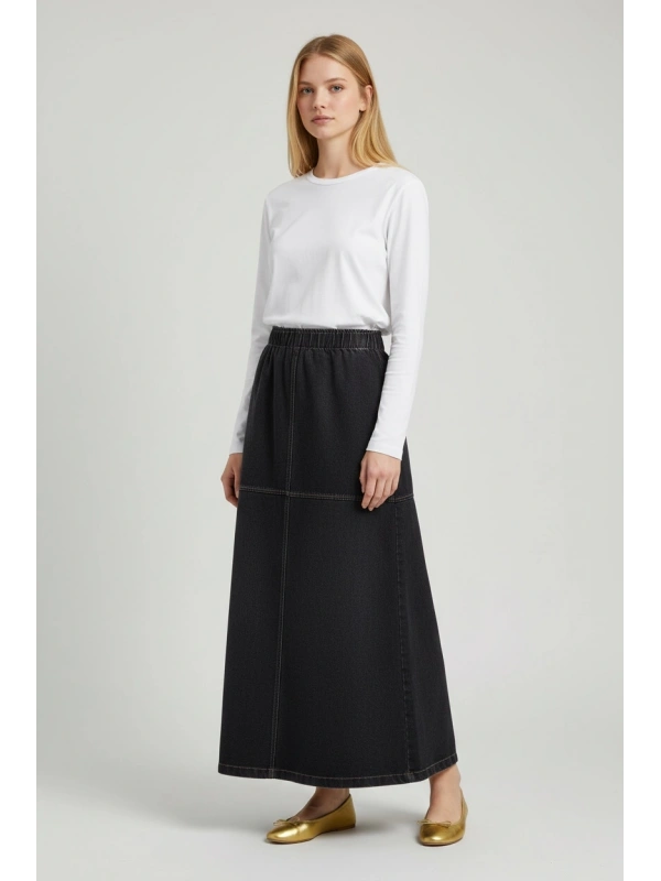 İNVEE A Kesim Kadın Denim Etek - Siyah