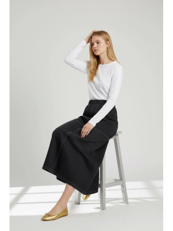 İNVEE A Kesim Kadın Denim Etek - Siyah