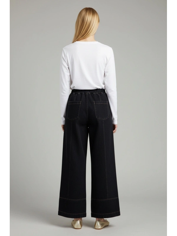 İNVEE Beli Geniş Paça Lastikli Denim Pantolon - Siyah