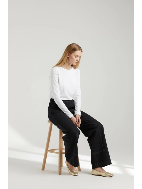 İNVEE Beli Geniş Paça Lastikli Denim Pantolon - Siyah