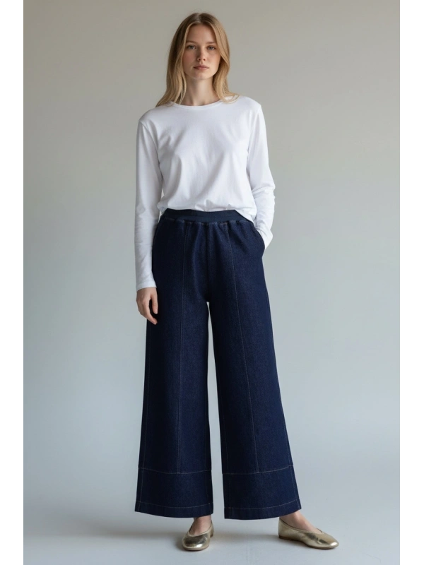 İNVEE Beli Geniş Paça Lastikli Denim Pantolon - Mavi
