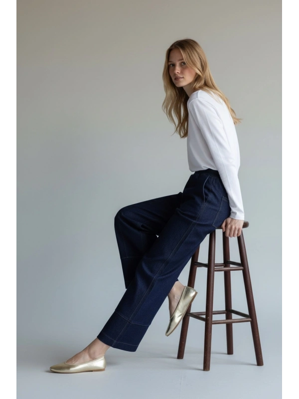 İNVEE Beli Geniş Paça Lastikli Denim Pantolon - Mavi