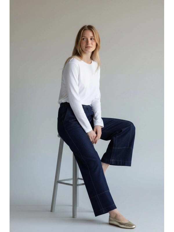 İNVEE Beli Geniş Paça Lastikli Denim Pantolon - Mavi