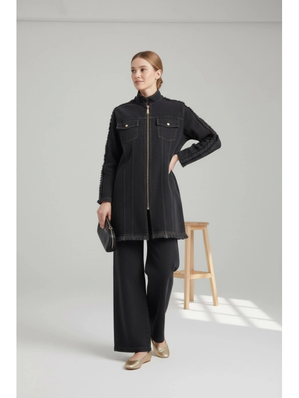 İNVEE Kadın Ceket ve Pantolon Denim Takım - Siyah