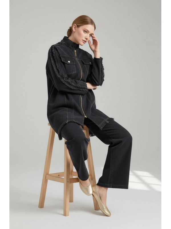 İNVEE Kadın Ceket ve Pantolon Denim Takım - Siyah