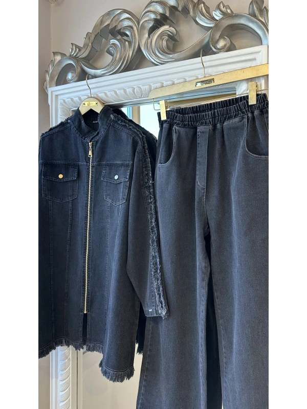 İNVEE Kadın Ceket ve Pantolon Denim Takım - Siyah