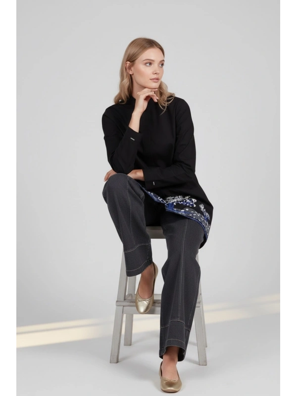 İNVEE Kadın Ağaç Nakışlı Uzun Gömlek - Siyah