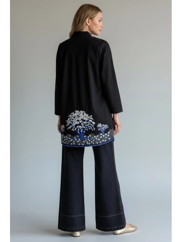 İNVEE Kadın Ağaç Nakışlı Uzun Gömlek - Siyah