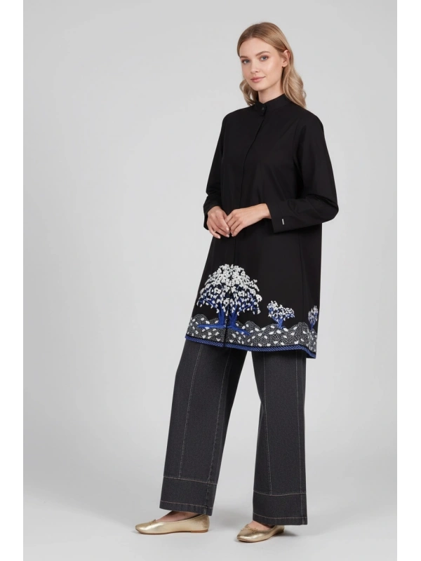 İNVEE Kadın Ağaç Nakışlı Uzun Gömlek - Siyah