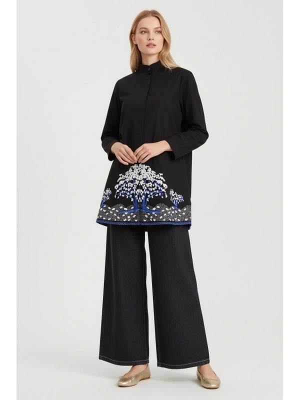 İNVEE Kadın Ağaç Nakışlı Uzun Gömlek - Siyah