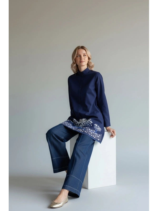 İNVEE Kadın Ağaç Nakışlı Uzun Gömlek - Lacivert