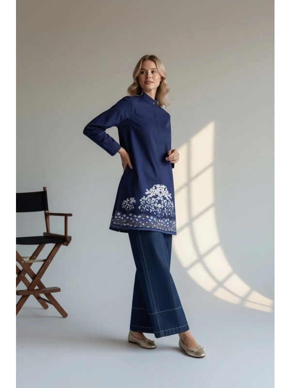 İNVEE Kadın Ağaç Nakışlı Uzun Gömlek - Lacivert