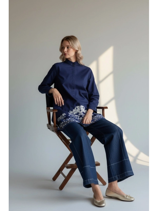 İNVEE Kadın Ağaç Nakışlı Uzun Gömlek - Lacivert