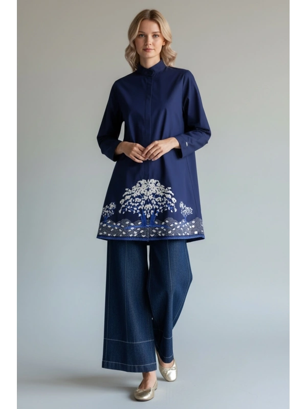 İNVEE Kadın Ağaç Nakışlı Uzun Gömlek - Lacivert