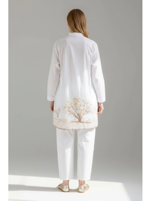 İNVEE Kadın Ağaç Nakışlı Uzun Gömlek - Beyaz