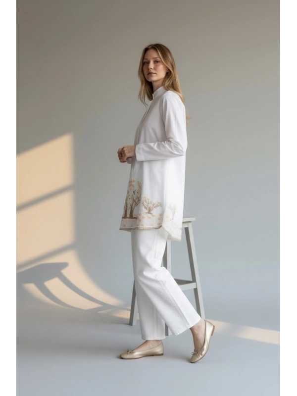 İNVEE Kadın Ağaç Nakışlı Uzun Gömlek - Beyaz