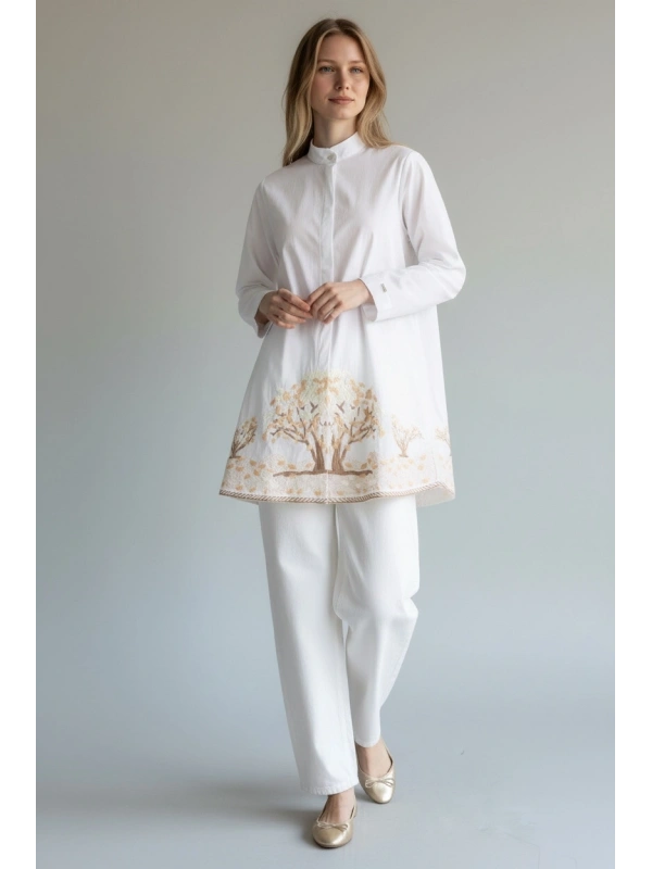 İNVEE Kadın Ağaç Nakışlı Uzun Gömlek - Beyaz