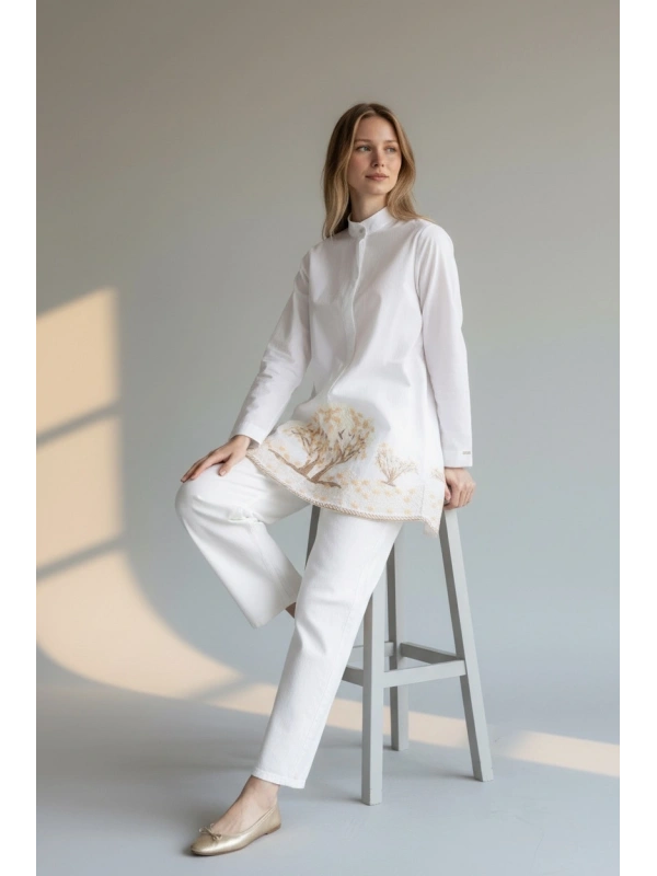 İNVEE Kadın Ağaç Nakışlı Uzun Gömlek - Beyaz