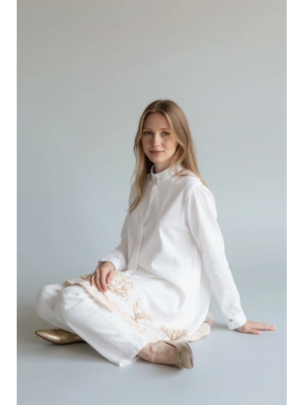 İNVEE Kadın Ağaç Nakışlı Uzun Gömlek - Beyaz