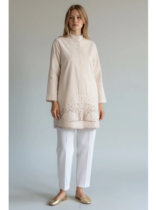 İNVEE Kadın Ağaç Nakışlı Uzun Gömlek - Bej