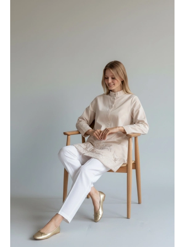 İNVEE Kadın Ağaç Nakışlı Uzun Gömlek - Bej