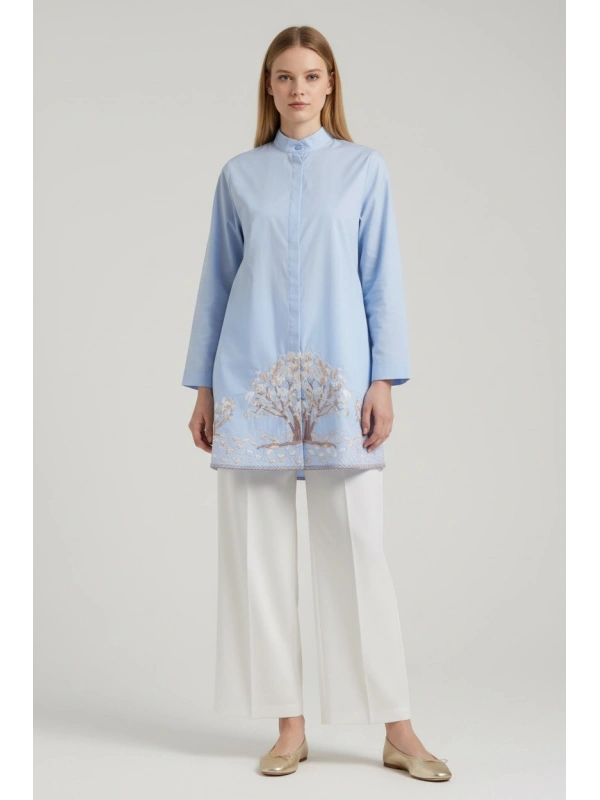 İNVEE Kadın Ağaç Nakışlı Uzun Gömlek - Mavi