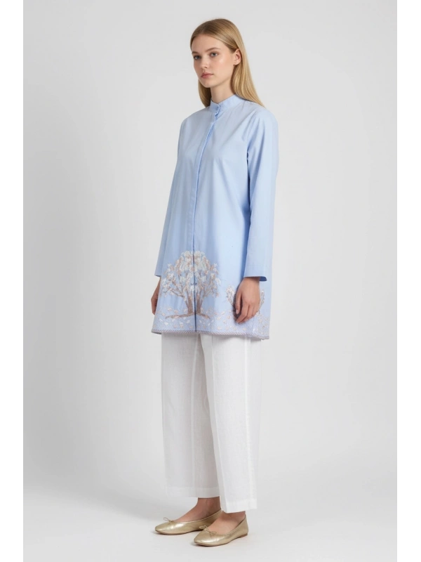 İNVEE Kadın Ağaç Nakışlı Uzun Gömlek - Mavi