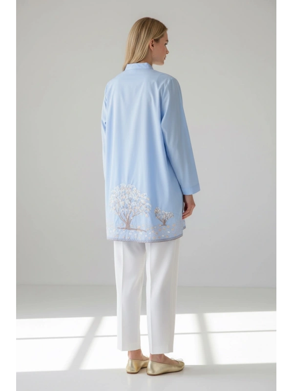 İNVEE Kadın Ağaç Nakışlı Uzun Gömlek - Mavi