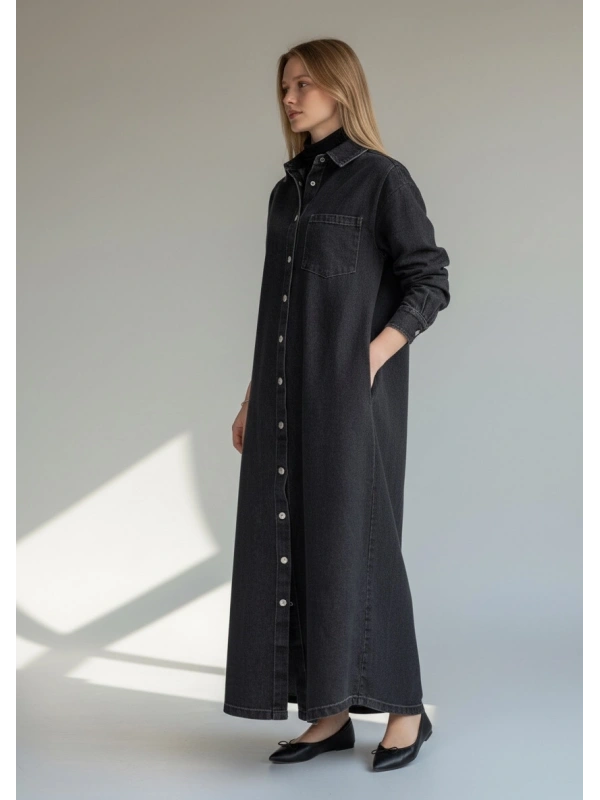 İNVEE Kadın Çıtçıt Kapamalı Uzun Denim Kap - Siyah