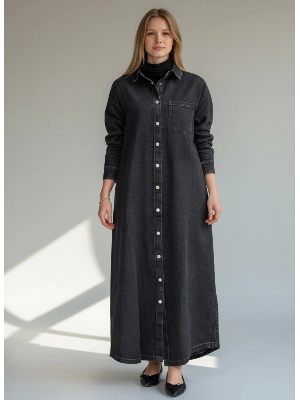 İNVEE Kadın Çıtçıt Kapamalı Uzun Denim Kap - Siyah