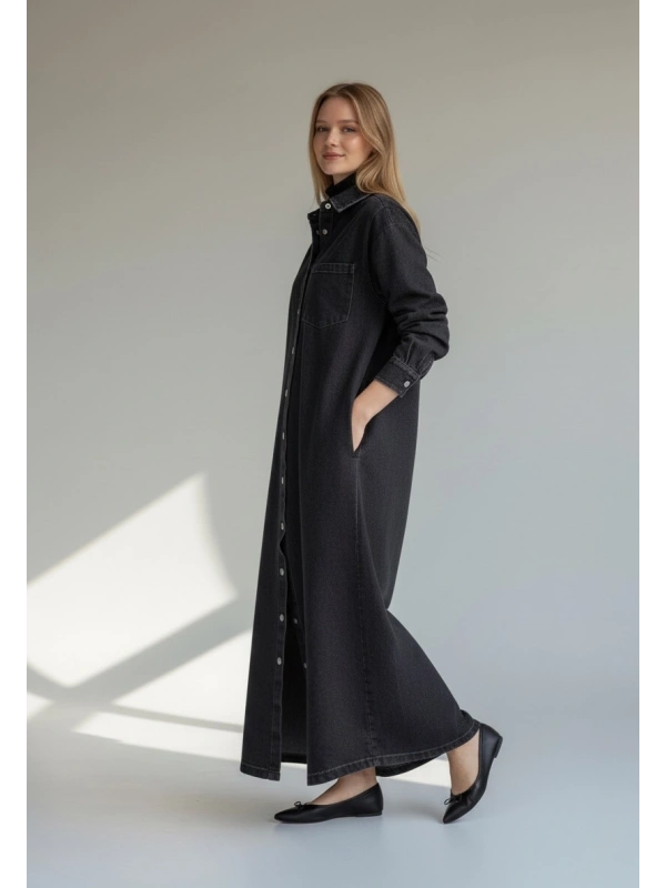 İNVEE Kadın Çıtçıt Kapamalı Uzun Denim Kap - Siyah