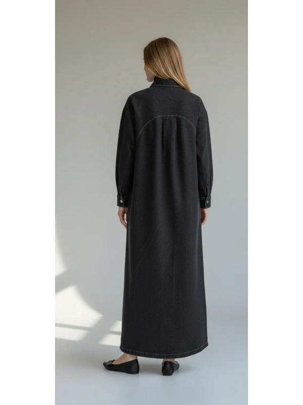 İNVEE Kadın Çıtçıt Kapamalı Uzun Denim Kap - Siyah