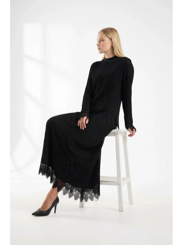 İNVEE Kadın Siyah Dantel Takım – Uzun Etekli Şık Tesettür Takım