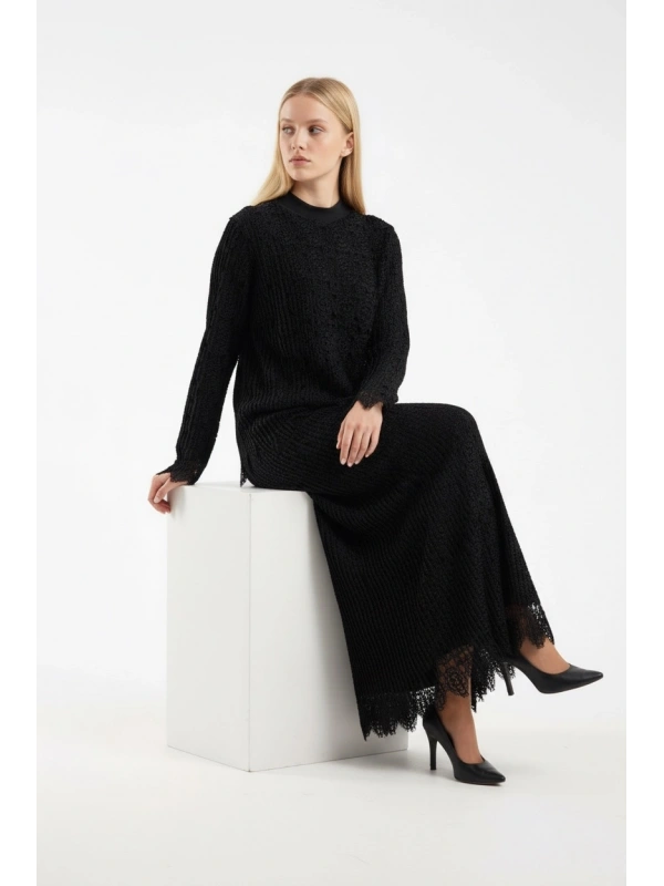 İNVEE Kadın Siyah Dantel Takım – Uzun Etekli Şık Tesettür Takım