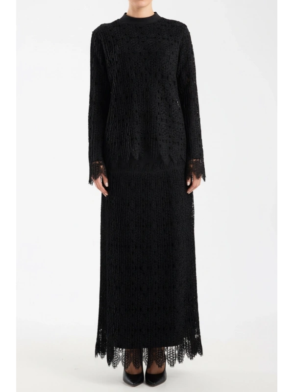 İNVEE Kadın Siyah Dantel Takım – Uzun Etekli Şık Tesettür Takım