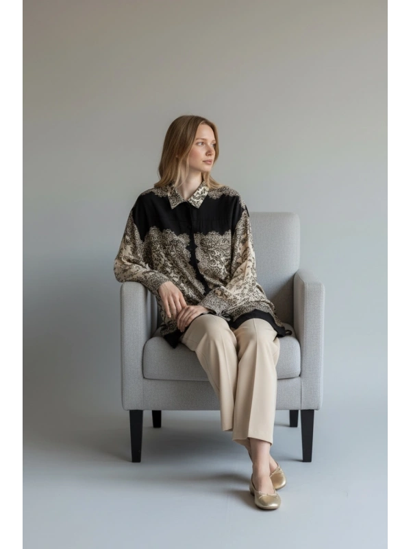 İNVEE Kadın Desenli Viskon Gömlek - Kahve-Bej