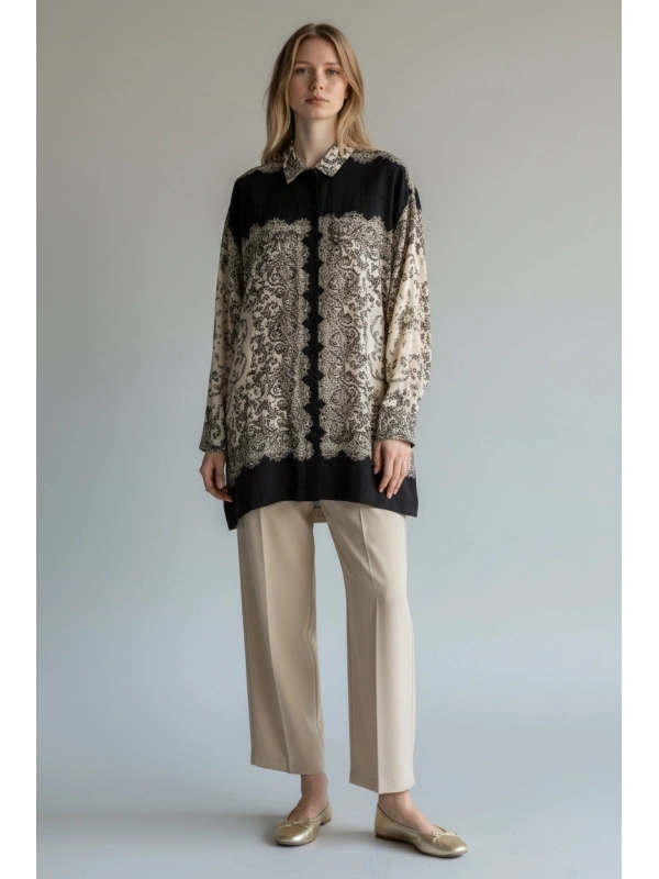 İNVEE Kadın Desenli Viskon Gömlek - Kahve-Bej