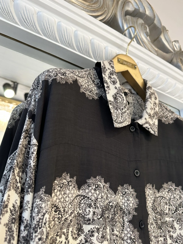 İNVEE Kadın Desenli Viskon Gömlek - Kahve-Bej