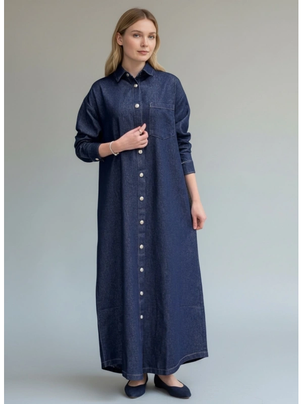 İNVEE Kadın Çıtçıt Kapamalı Uzun Denim Kap - Mavi