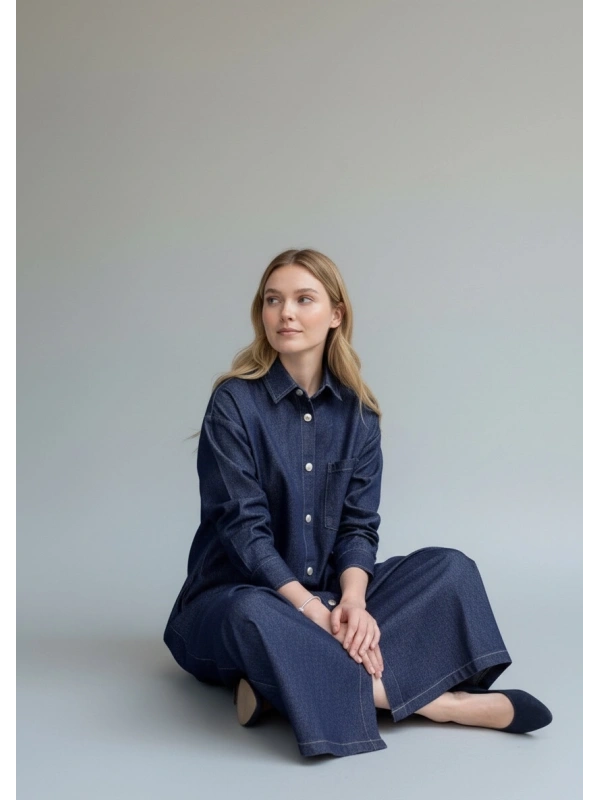 İNVEE Kadın Çıtçıt Kapamalı Uzun Denim Kap - Mavi