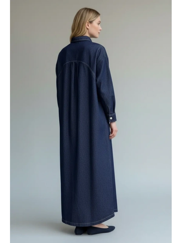 İNVEE Kadın Çıtçıt Kapamalı Uzun Denim Kap - Mavi