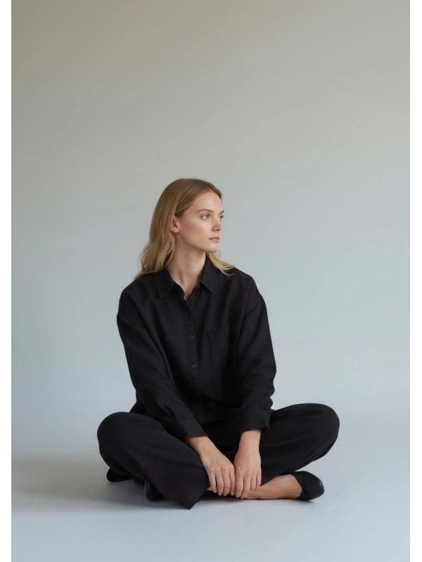 İNVEE Kadın Kot Keten İkili Takım Kadın | Rahat Kalıp Siyah Gömlek Pantolon Takım