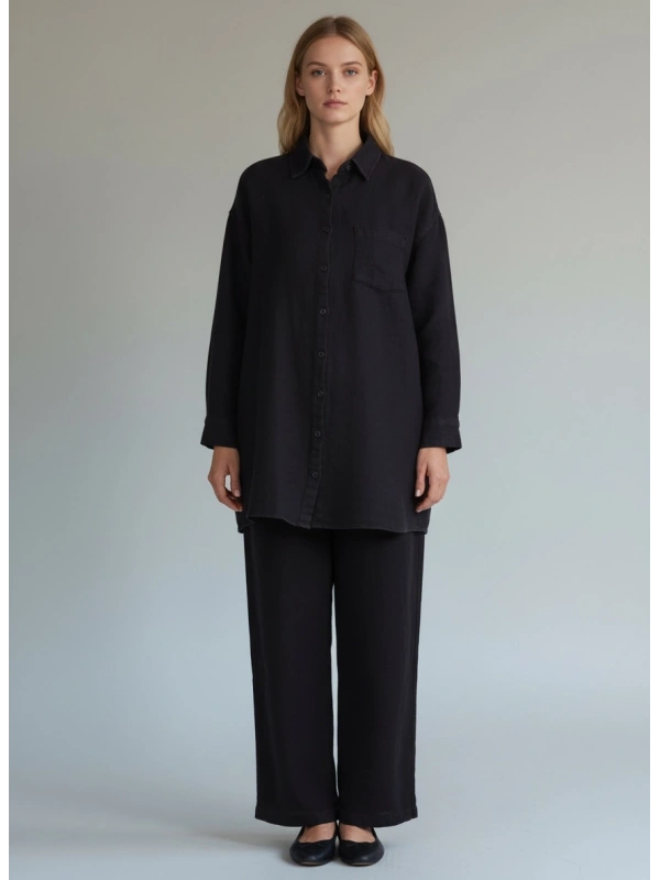 İNVEE Kadın Kot Keten İkili Takım Kadın | Rahat Kalıp Siyah Gömlek Pantolon Takım