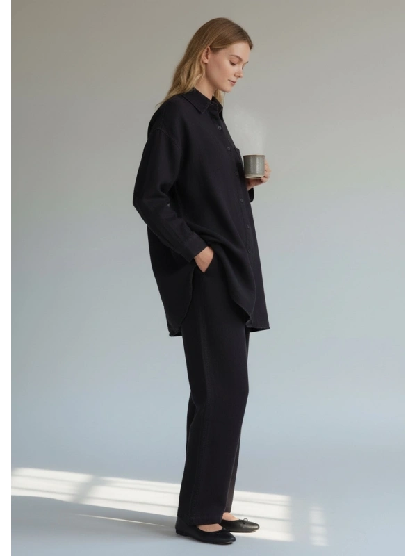 İNVEE Kadın Kot Keten İkili Takım Kadın | Rahat Kalıp Siyah Gömlek Pantolon Takım