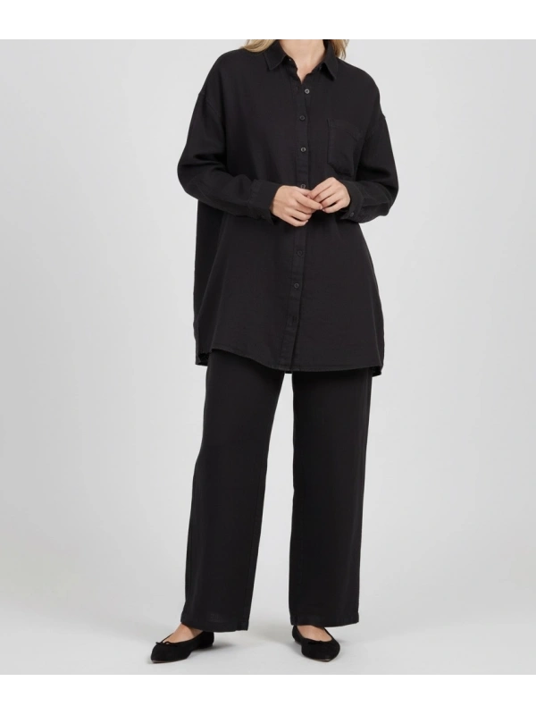 İNVEE Kadın Kot Keten İkili Takım Kadın | Rahat Kalıp Siyah Gömlek Pantolon Takım