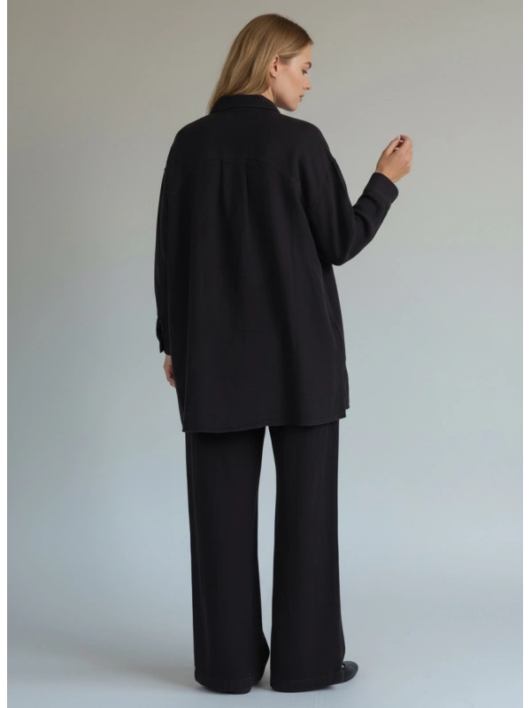 İNVEE Kadın Kot Keten İkili Takım Kadın | Rahat Kalıp Siyah Gömlek Pantolon Takım