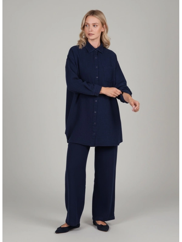 İNVEE Kadın Kot Keten İkili Takım Kadın | Rahat Kalıp Lacivert Gömlek Pantolon Takım